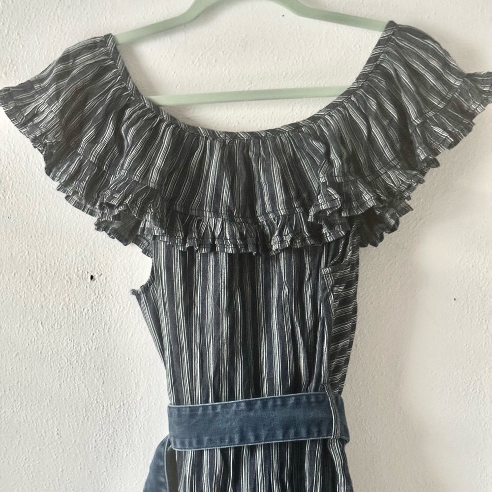 Farrow Striped Chambray belted asymmetrical off the shoulder ruffle dress - Picture 6 of 12